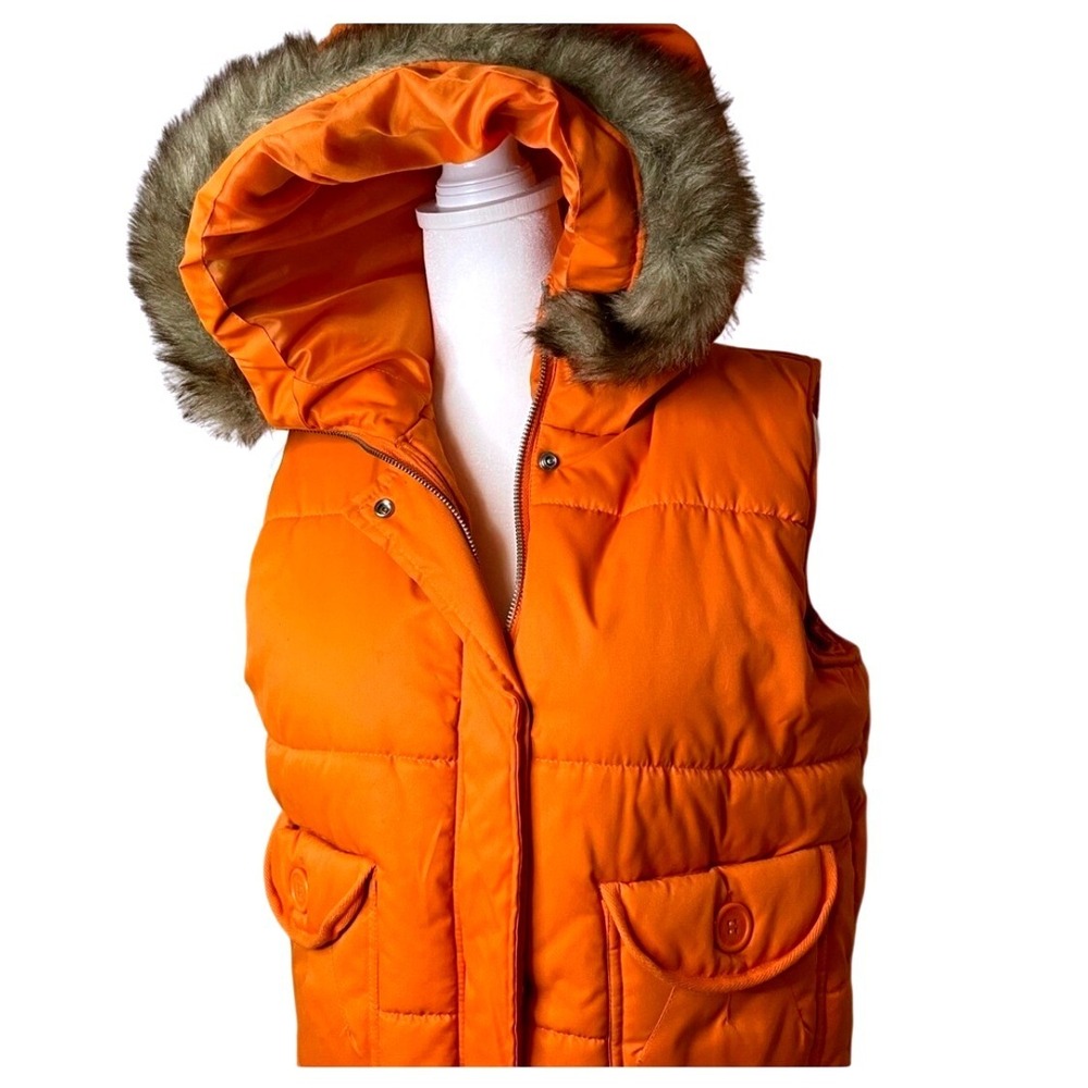 Steve Barrys Puffer Vest Large Orange Fur Hood Quilted Pockets, Waist Length Zip